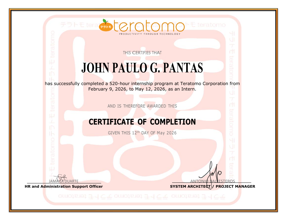 Certificate of Completion for Internship at Teratomo Corporation achievement cover