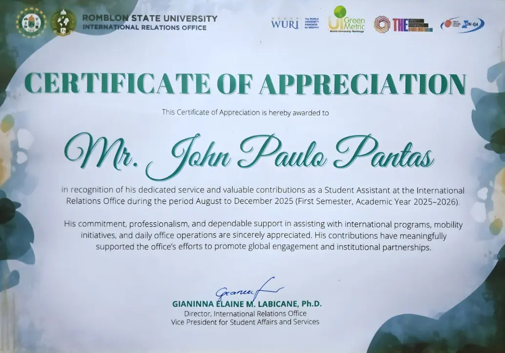 Recognition for Student Assistant at International Relations Office (RSU) achievement cover