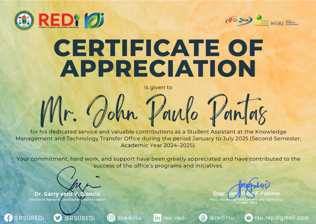 Recognition for Student Assistant at REDI-KMTTO (RSU) achievement cover